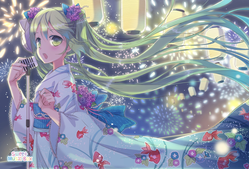 aerial_fireworks ei_(pakirapakira) fireworks flower green_eyes green_hair hair_flower hair_ornament hatsune_miku japanese_clothes jin_young-in kimono long_hair microphone microphone_stand night open_mouth paper_lamp singing solo twintails very_long_hair vintage_microphone vocaloid