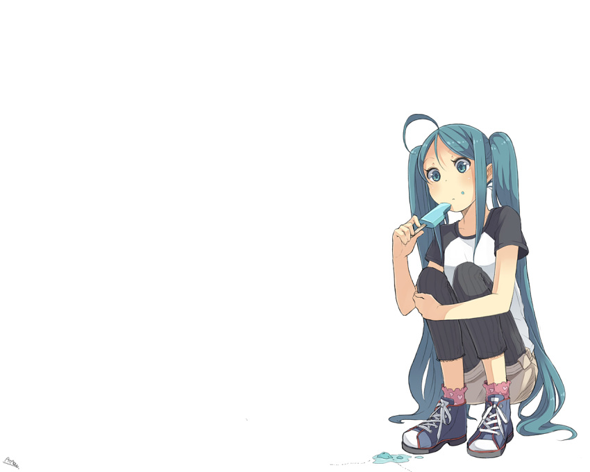 ahoge artist_request blue_eyes blue_hair casual hatsune_miku ice_cream kneeling long_hair popsicle shorts simple_background solo source_request twintails vocaloid