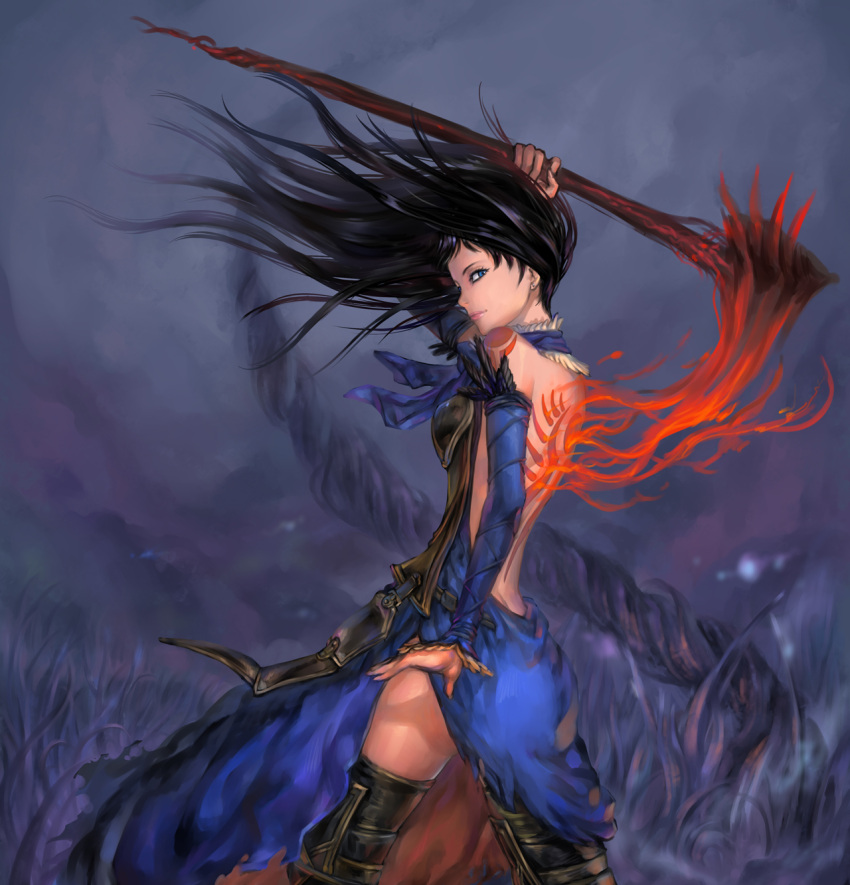 back bare_back bare_shoulders black_hair blue_eyes boots bridal_gauntlets castlevania castlevania:_order_of_ecclesia detached_sleeves dress goenitzchild gothic highres konami legs lips long_hair looking_back materializing scythe shanoa side_slit solo tattoo thigh-highs thigh_boots thighhighs weapon wind
