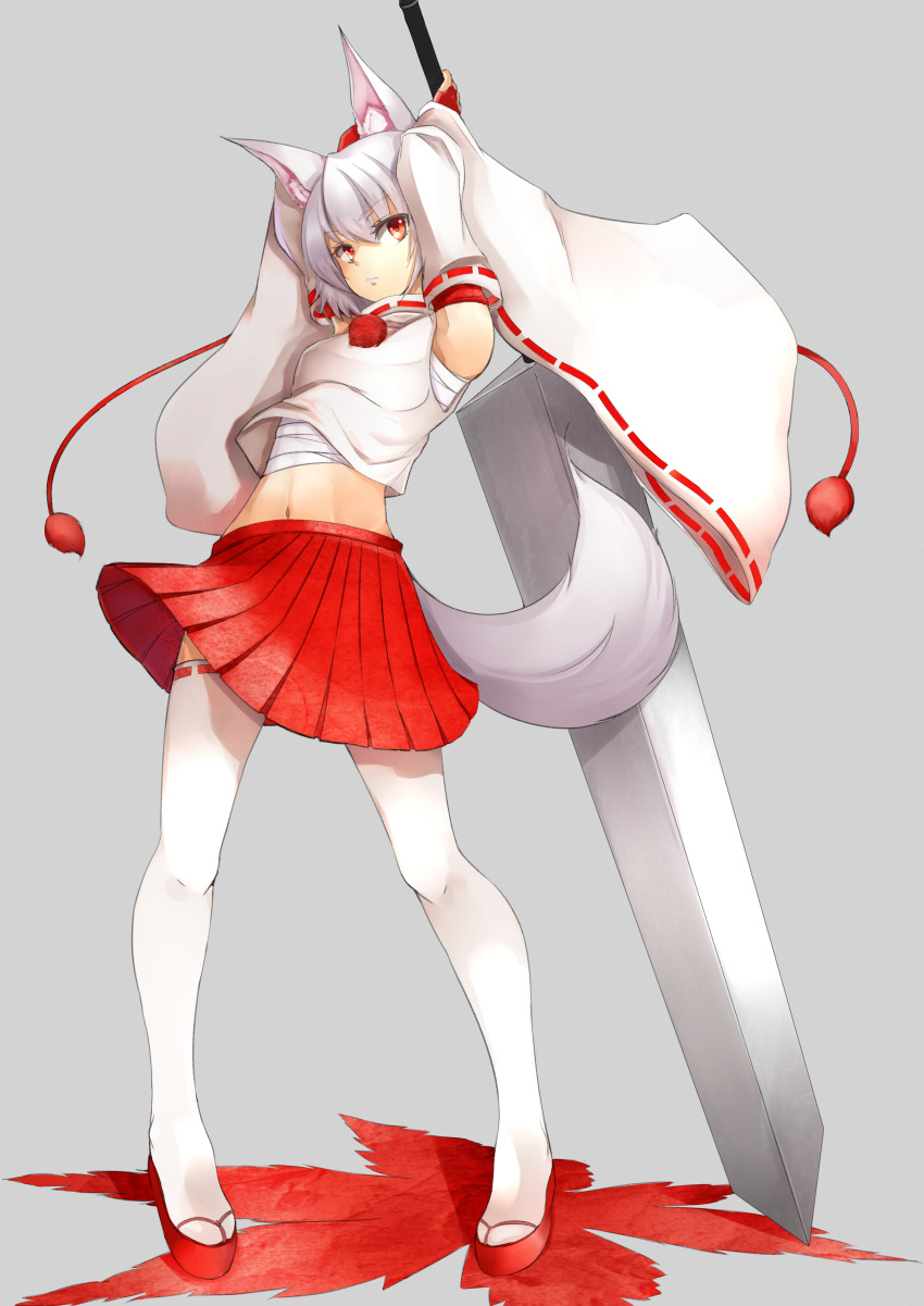 absurdres alternate_weapon animal_ears armpits arms_up asya bare_shoulders bridal_gauntlets clog_sandals detached_sleeves highres huge_weapon inubashiri_momiji midriff navel pleated_skirt red_eyes sarashi short_hair silver_hair simple_background skirt solo sword tail thigh-highs thighhighs touhou weapon white_legwear wolf_ears wolf_tail