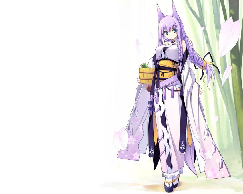 animal_ears aqua_eyes braids foxgirl japanese_clothes kimono poco purple_hair ribbons tail