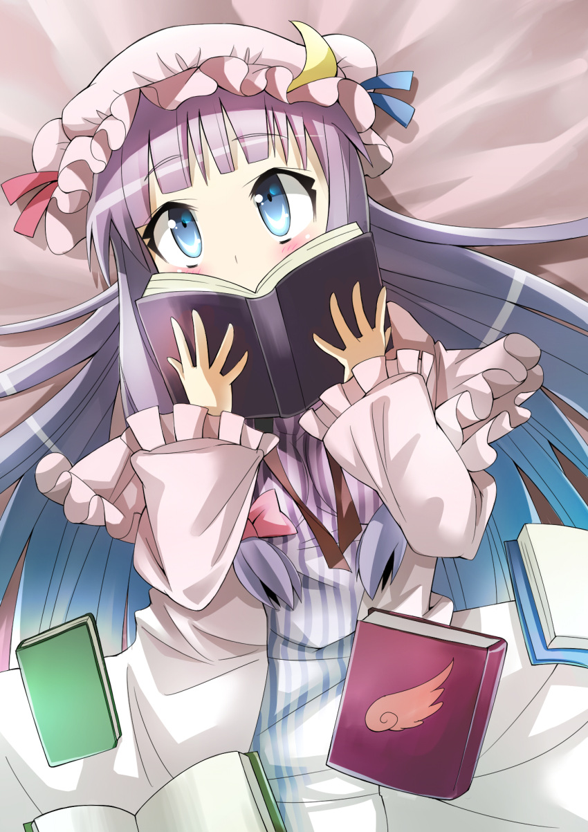blue_eyes blush book covering covering_face covering_mouth crescent dress gibuchoko hat highres patchouli_knowledge pink_dress purple_hair solo touhou