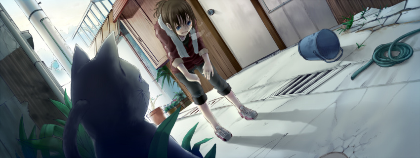 blue_eyes brown_hair bucket cat hose original plant potted_plant scarf shoes sleeves_rolled_up sneakers solo teiruzuta tired towel