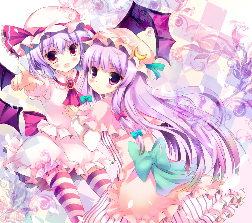 absurdres azumi_kazuki blush bow hair_bow hat highres huge_filesize long_hair multiple_girls patchouli_knowledge pointing purple_eyes purple_hair red_eyes remilia_scarlet striped striped_legwear striped_thighhighs the_embodiment_of_scarlet_devil thigh-highs thighhighs touhou violet_eyes wings