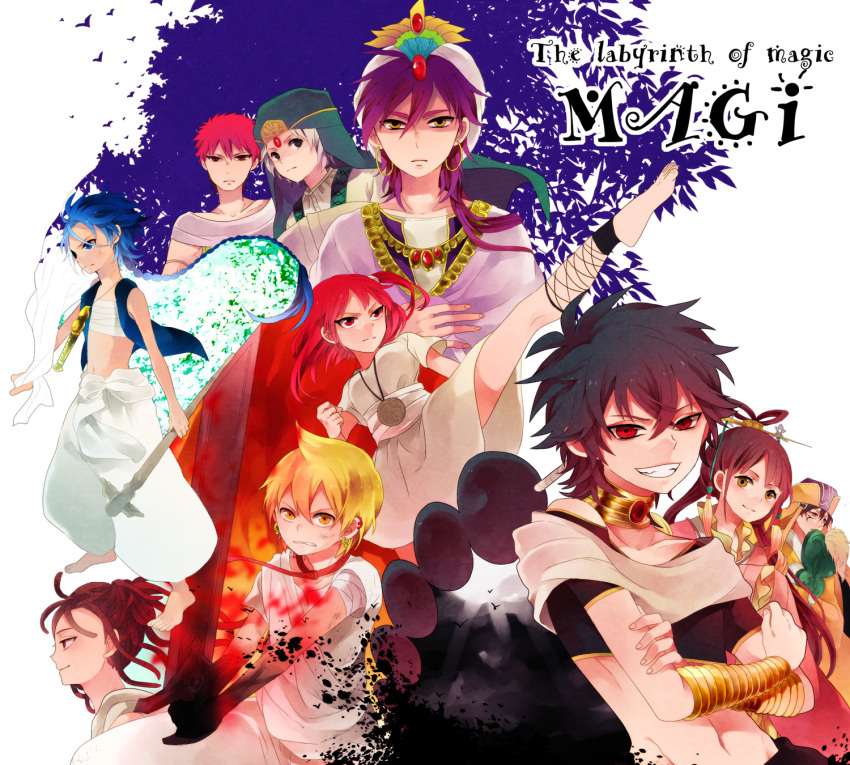 6+boys aladdin_(magi) ali_baba_saluja bad_id barefoot black_hair blonde_hair blue_hair braid everyone hair_rings highres ja'far ja'far jewelry judal ka_koubun kassim magi_the_labyrinth_of_magic masrur morgiana multiple_boys multiple_girls neck_ring ono_(0_no) purple_hair red_hair redhead ren_kougyoku sinbad_(magi) single_braid