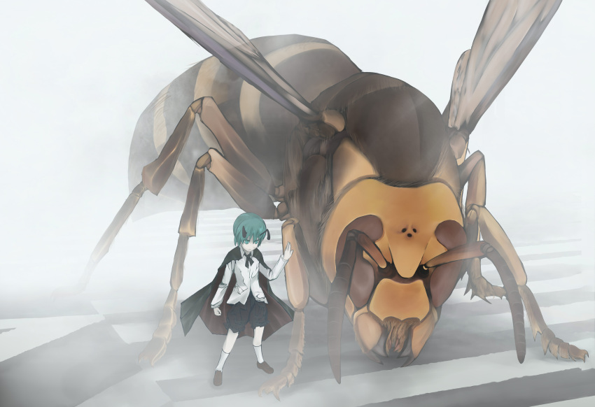 absurdres antennae cape dress_shirt giant green_eyes green_hair highres hornet insect master_621 pants shirt solo touhou wings wriggle_nightbug
