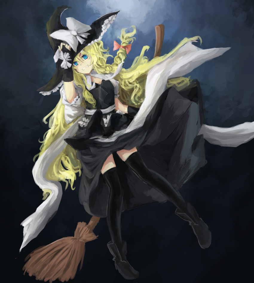 bad_id blonde_hair bow braid bridal_gauntlets broom fingerless_gloves gloves hair_bow hand_on_hat hat highres kirisame_marisa long_hair solo thigh-highs thighhighs touhou witch witch_hat zatsuon zettai_ryouiki