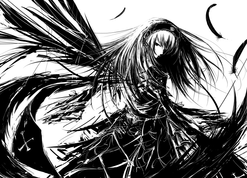 black_wings feathers hairband high_contrast highres iori_yakatabako long_hair looking_back making_of monochrome rozen_maiden simple_background solo suigintou wallpaper wings