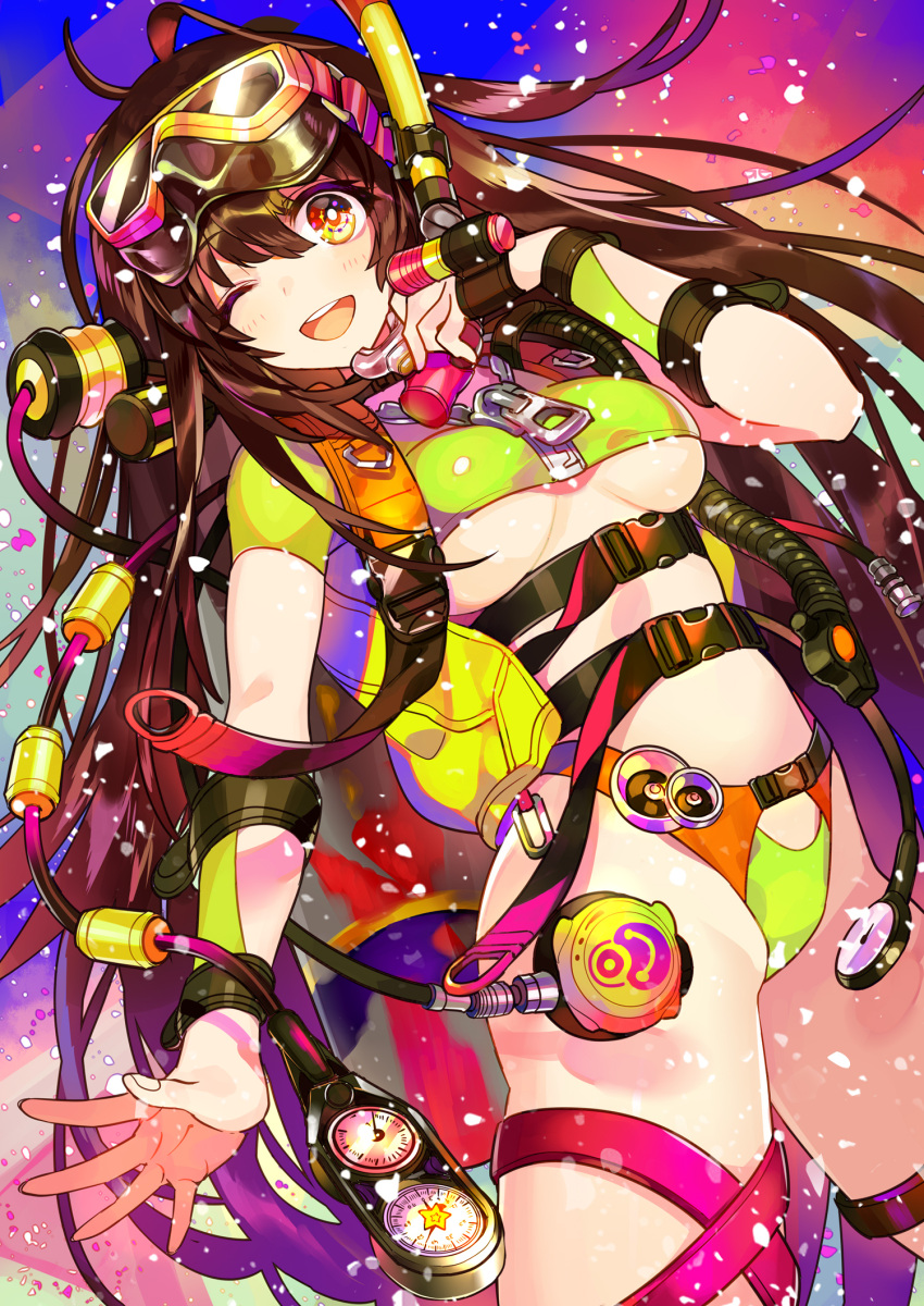 1girl ;d ahoge air_bubble bangs barometer bikini blush breasts bright_pupils brown_hair bubble cowboy_shot dutch_angle eyebrows_visible_through_hair goggles goggles_on_head green_bikini hand_up highres jacket long_hair medium_breasts multicolored multicolored_background one_eye_closed open_clothes open_jacket open_mouth orange_eyes original oxygen_tank round_teeth short_sleeves smile snorkel solo stomach swimsuit tareme teeth thigh_strap under_boob upper_body user_fvsd2278 very_long_hair yellow_jacket zipper zipper_pull_tab