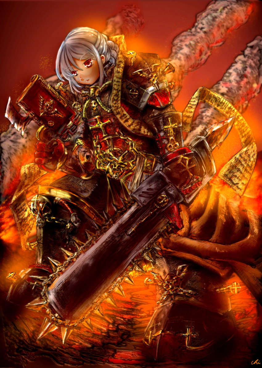 bolter chain chains highres koyamanatsu pauldron power_armor red_eyes skull smoke sword warhammer_40k weapon white_hair