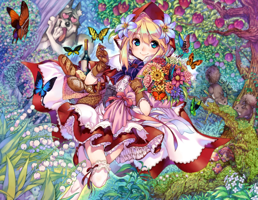 big_bad_wolf_(grimm) blonde_hair blue_eyes blush bouquet bread butterfly cheese colorful flower food forest frills fruit gloves grimm's_fairy_tales grimm's_fairy_tales hair_flower hair_ornament heart heart_eyes hood kink kodama lace lace-trimmed_thighhighs leg_up lily_of_the_valley little_red_riding_hood little_red_riding_hood_(grimm) mononoke_hime mushroom nature skirt smile squirrel standing_on_one_leg thigh-highs thighhighs tree white_legwear wine wolf