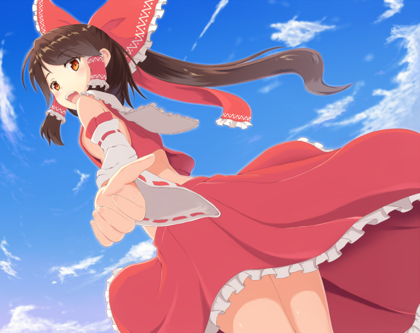 alternate_hairstyle beckon beckoning blush bow breasts brown_eyes brown_hair cloud clouds detached_sleeves dress from_below hair_bow hair_tubes hakurei_reimu japanese_clothes long_hair midriff miko momo_no_kanzume no_bra open_mouth orange_eyes outstretched_arm ponytail red_dress sideboob skirt sky smile solo touhou