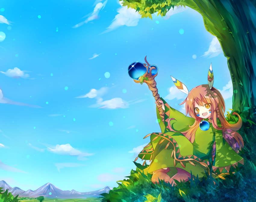 :d androgynous bad_id colored_eyelashes facepaint feathers gold_eyes highres jpeg_artifacts male mishima_kurone mountain no_nose open_mouth orange_eyes orange_hair pigeon-toed pigeon_toed popoie seiken_densetsu seiken_densetsu_2 shade sitting sky smile solo staff tree under_tree wallpaper yellow_eyes