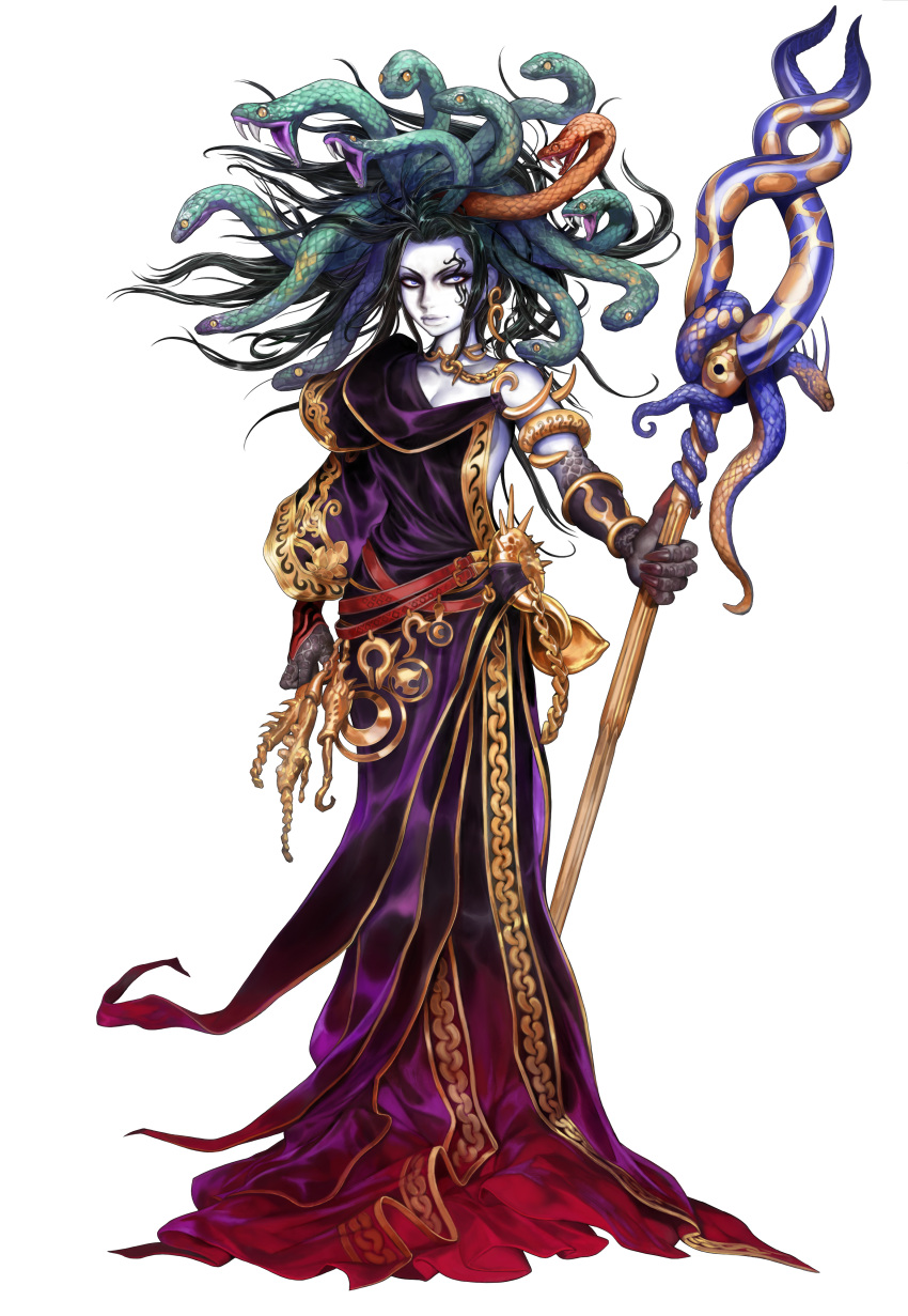 absurdres black_hair blue_eyes dress goddess highres kid_icarus kid_icarus_uprising lips long_hair medusa_(kid_icarus) monster_girl nintendo official_art snake snake_hair solo staff tattoo