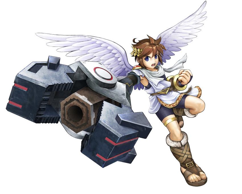 absurdres angel blue_eyes brown_hair gun highres huge_weapon kid_icarus male nintendo official_art open_mouth pit pit_(kid_icarus) short_hair solo weapon wings