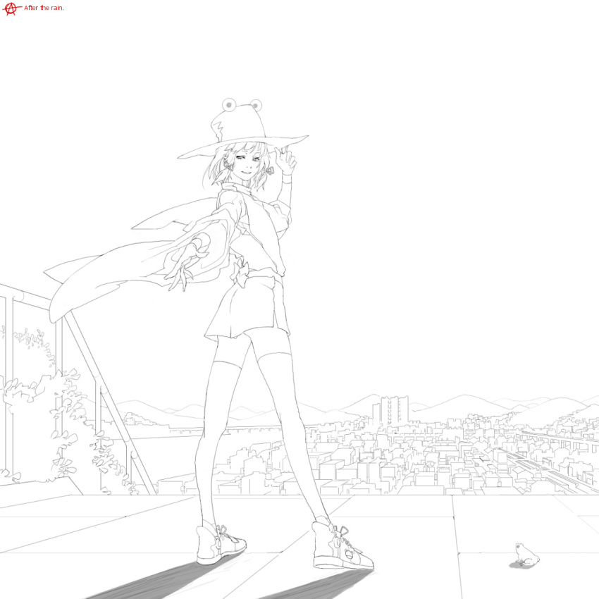 circle_a cityscape eyes frog hand_on_hat highres legs lineart looking_back monochrome moriya_suwako shoes sneakers solo touhou wristband