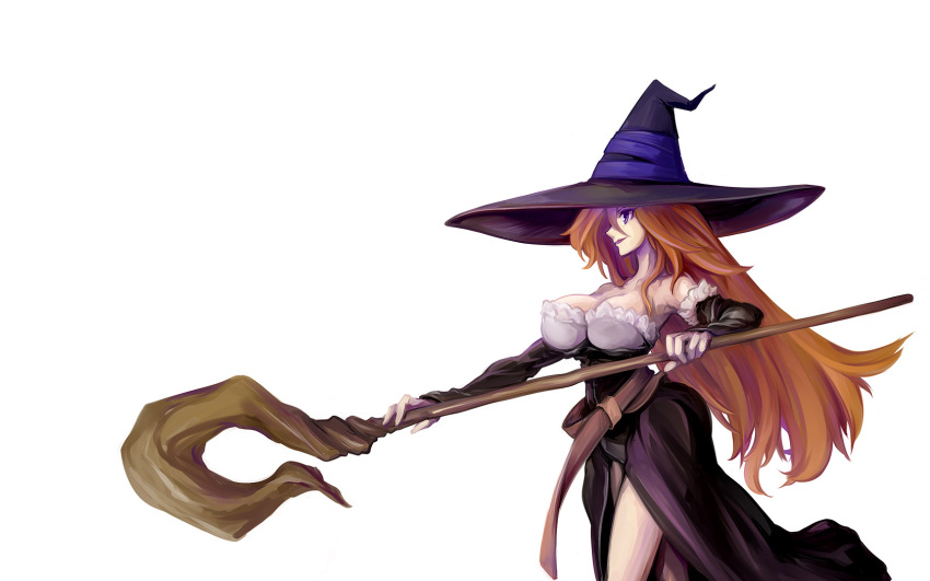 breasts brown_hair detached_sleeves dragon's_crown dragon's_crown dress hat highres large_breasts long_hair nagihito side_slit solo sorceress_(dragon's_crown) sorceress_(dragon's_crown) staff strapless_dress vanillaware witch_hat