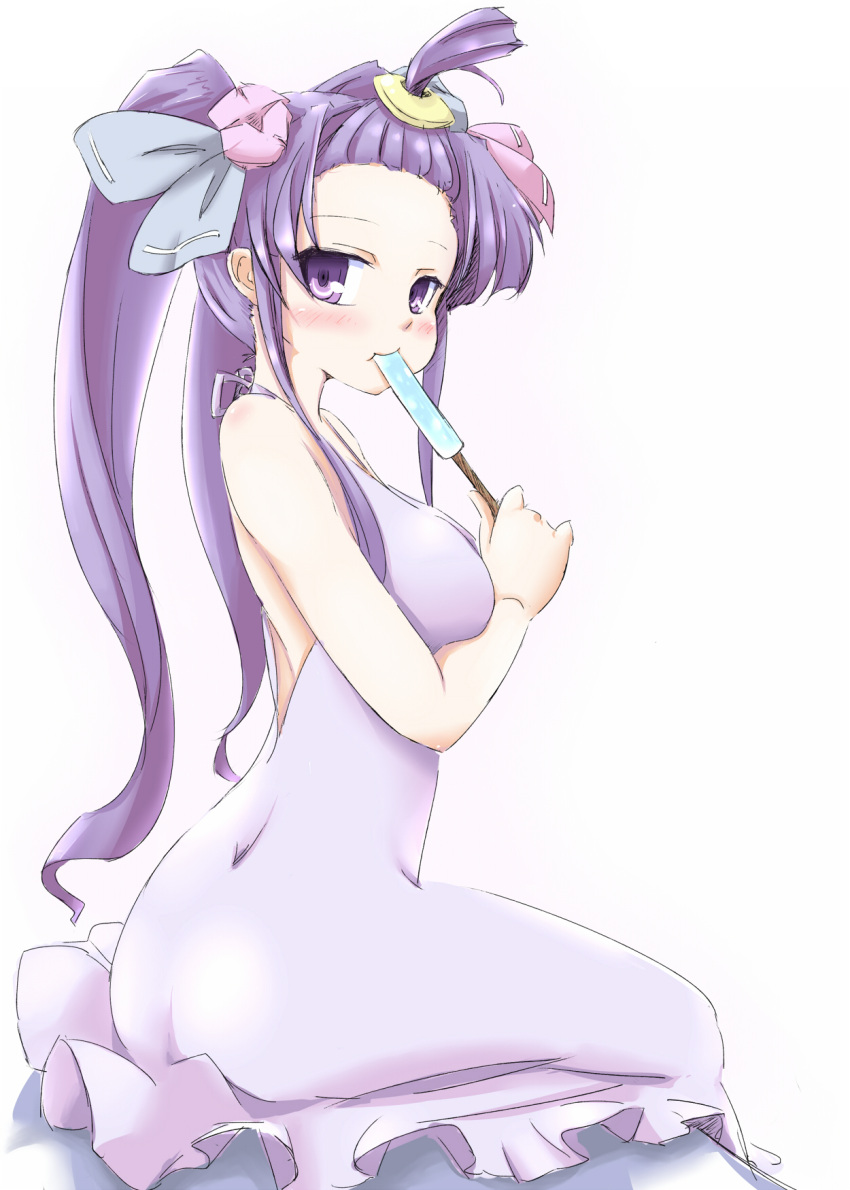 :t alternate_costume alternate_hairstyle ass bare_shoulders blush bow coo dress eating hair_bow highres long_hair looking_at_viewer no_hat patchouli_knowledge popsicle purple_dress purple_eyes simple_background sitting solo sundress touhou twintails violet_eyes