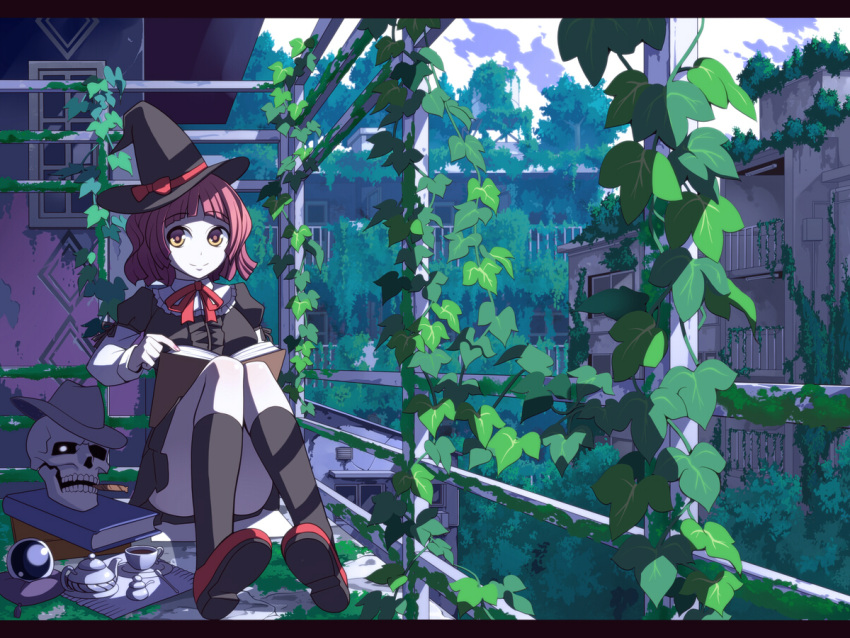 cigar crystal_ball cup hat ivy mouth_hold original overgrown reading ribbon short_hair sitting skull smile solo teacup teapot torigoe_takumi witch_hat yellow_eyes