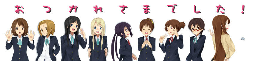 9girls absurdres akiyama_mio black_hair blazer blonde_hair blue_eyes brown_eyes brown_hair everyone glasses highres hirasawa_ui hirasawa_yui k-on! kotobuki_tsumugi manabe_nodoka multiple_girls nakano_azusa nishiuri_warito open_mouth ribbon school_uniform simple_background smile suzuki_jun tainaka_ritsu ton-chan turtle v yamanaka_sawako