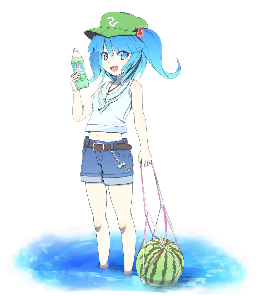 alternate_costume bad_id belt blue_eyes blue_hair bow chain chains contemporary denim denim_shorts fai_(zigzagflamberge) food fruit hair_bobbles hair_ornament hat highres jewelry kawashiro_nitori midriff navel necklace open_mouth sanuki_(zigzagflamberge) short_hair shorts smile solo touhou transparent_background twintails wading water watermelon