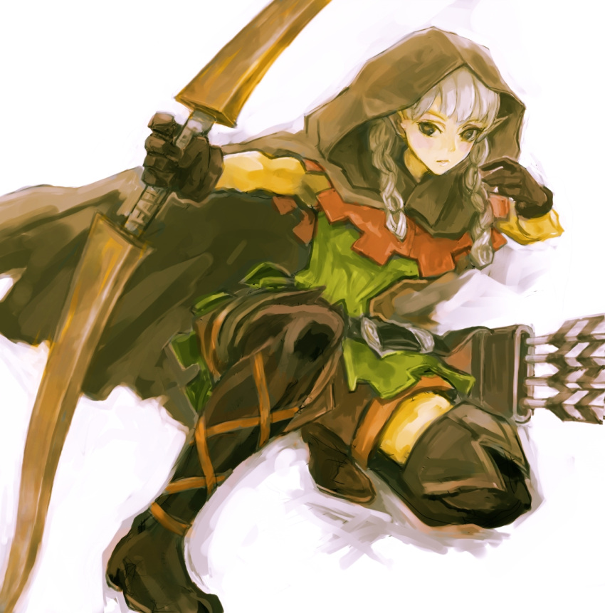 belt boots bow_(weapon) braid brown_eyes cloak dragon's_crown dragon's_crown elf elf_(dragon's_crown) elf_(dragon's_crown) gloves highres hood kneeling long_hair pointy_ears roncele shorts simple_background solo thigh-highs thigh_boots thighhighs twin_braids vanillaware weapon