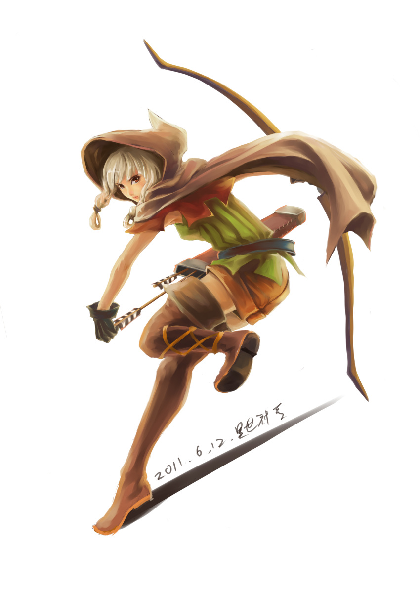 arrow boots bow_(weapon) braid brown_eyes cloak dragon's_crown dragon's_crown elf elf_(dragon's_crown) elf_(dragon's_crown) gloves highres hood iyokamioto shorts simple_background solo thigh-highs thigh_boots thighhighs twin_braids vanillaware weapon