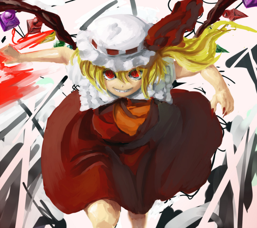 blonde_hair bow c-low crazy crazy_eyes flandre_scarlet grin hat hat_bow looking_at_viewer nail_polish red_eyes running slit_pupils smile solo the_embodiment_of_scarlet_devil touhou