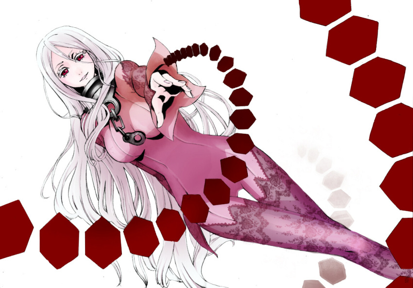 albino bodysuit chain deadman_wonderland dutch_angle hachimitusplinter hexagon long_hair outstretched_hand red_eyes shiro_(deadman_wonderland) smile solo thigh_gap white_hair