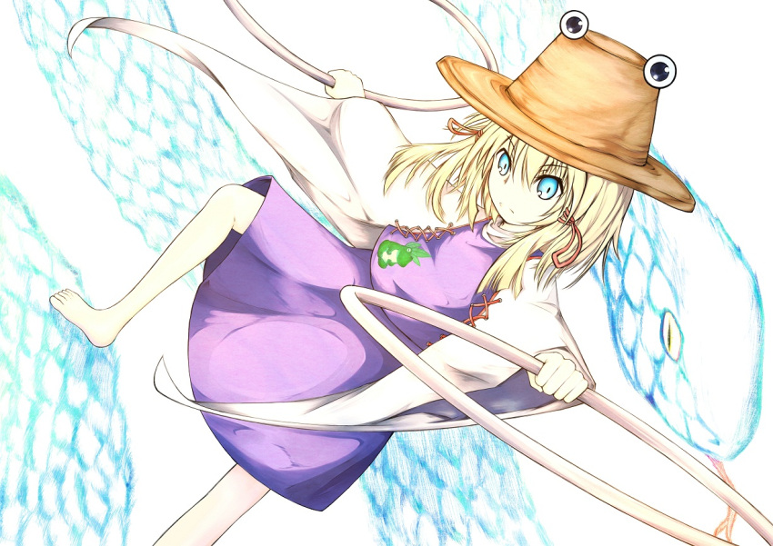 barefoot blonde_hair blue_eyes hair_ornament hat jewelry kumomiya long_hair moriya's_iron_rings moriya_suwako ring solo touhou water