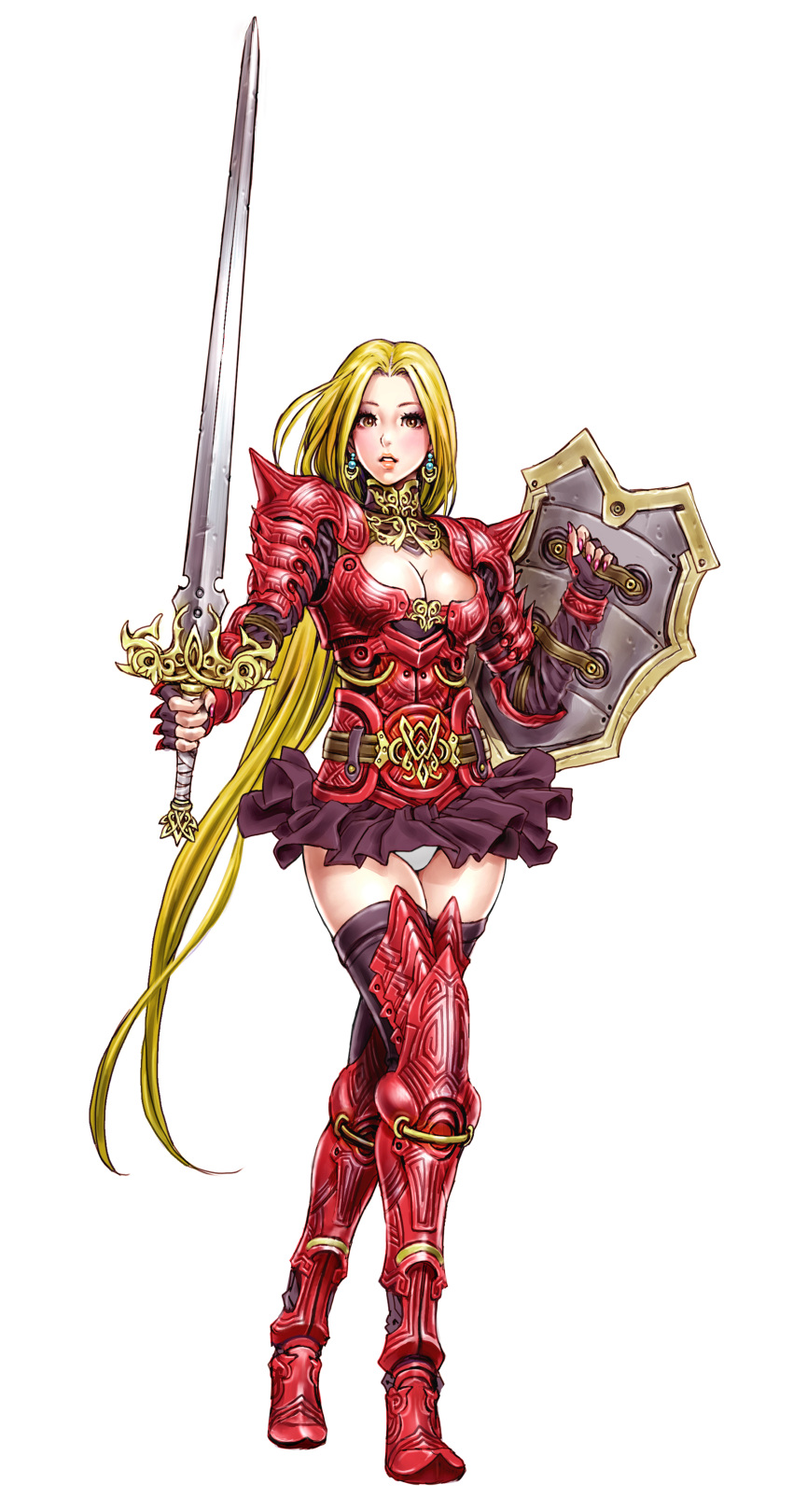 1girl absurdres armor blonde_hair blush breasts brown_eyes cleavage copyright_request earrings female female_focus fingerless_gloves fingernails full_body gloves highres holding holding_shield holding_sword holding_weapon jewelry lips lipstick long_hair looking_at_viewer makeup nail_polish panties parted_lips pleated_skirt shield simple_background skirt solo standing sword thigh-highs thighhighs underwear very_long_hair weapon white_background yamashita_shun'ya yamashita_shunya