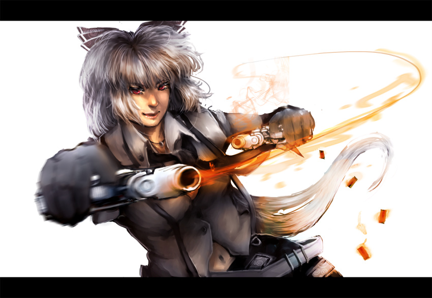 action belt dress_shirt fire foreshortening fujiwara_no_mokou gun letterboxed lips long_hair navel outstretched_arm red_eyes sheryth shirt simple_background smile solo suspenders touhou weapon white_shirt