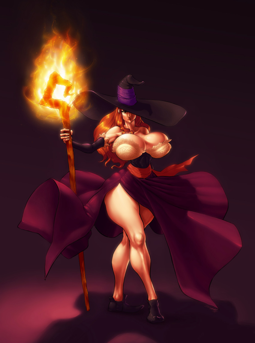 big breasts crown dragon's dragon's_crown hat highres huge large large_breasts legs orange_hair sorceress sorceress_(dragon's_crown) staff sterna witch_hat