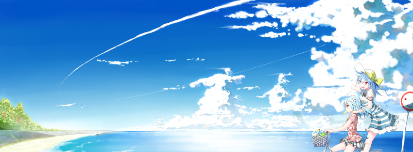 :3 absurdres ahoge aqua_hair bicycle bili_bili_douga bili_girl_22 bili_girl_33 blue_hair cloud clouds condensation_trail contrail cu_(fsy84738368) dress hair_ornament hat hat_ribbon highres kyubey mahou_shoujo_madoka_magica mouth_hold multiple_girls ocean open_mouth popsicle red_eyes revised revision ribbon road_sign shore sign skirt sky tree water