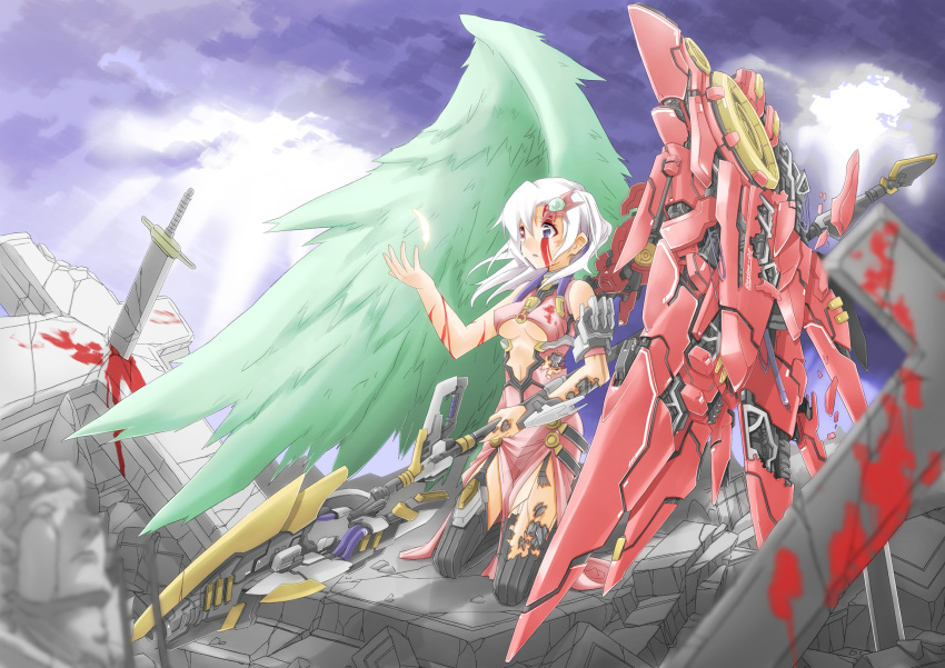 asymmetrical_wings blood breasts chicago-x cross feathers green_wings heterochromia highres mecha_musume original red_wings sword torn_clothes weapon wings