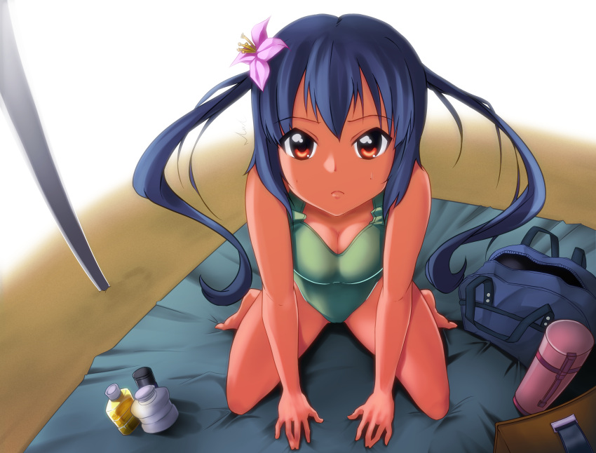 bag barefoot black_hair bottle breasts brown_eyes cleavage flower highres k-on! long_hair nakano_azusa one-piece_swimsuit sitting swimsuit tanned thermos twintails uzumi_(uzumi_yosi) wariza