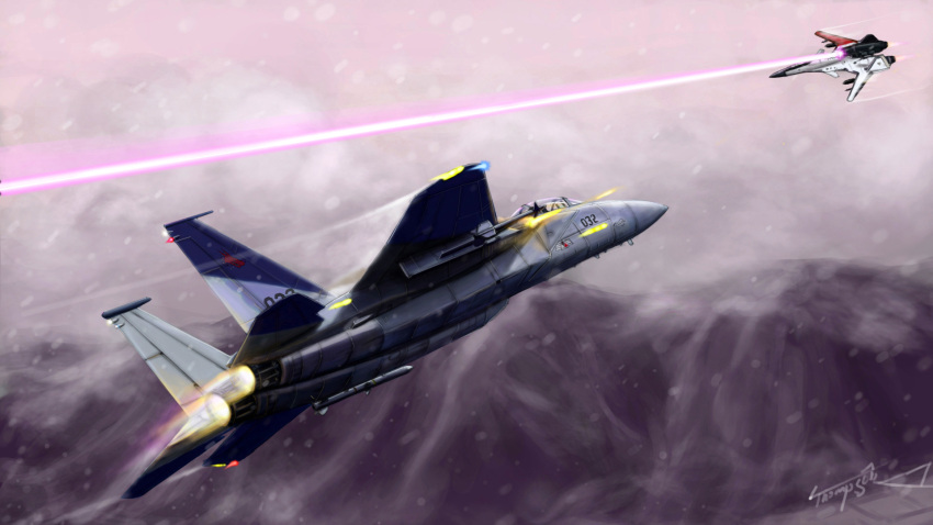 ace_combat_zero adfx-02_morgan aerial_battle afterburner airplane battle beam cipher_(ace_combat) cipher_(ace_combat_zero) cloud cloudy_sky condensation_trail contrail cypher dogfight f-15 fighter_jet firing flying highres jet larry_foulke laser missile mountain ruins signature snowing spoilers thompson