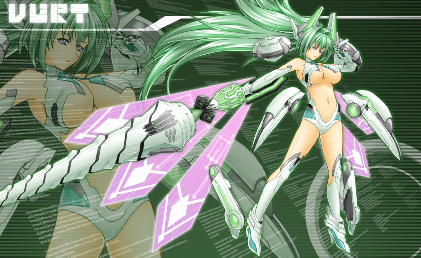 1girl bare_shoulders boots breasts choujigen_game_neptune cleavage cocoa_(cocoa0191) cocoa_(pixiv1921681) compile_heart elbow_gloves female gloves green_hair green_heart gust_(neptune_series) headdress hyperdimension_neptunia idea_factory kneehighs kokoa lance large_breasts long_hair midriff navel nippon_ichi parted_lips pink_eyes polearm purple_eyes sega shiny shiny_skin solo spear underboob vert very_long_hair weapon zoom_layer