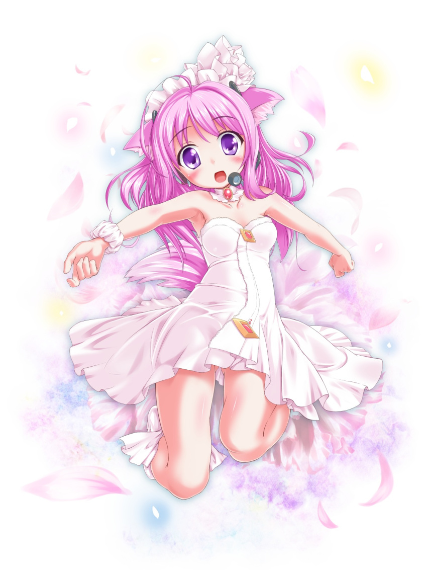 animal_ears bare_shoulders blush dog_days dog_ears dog_tail dress hair_down headset highres long_hair millhiore_f_biscotti petals pink_hair purple_eyes solo sota tail thighs violet_eyes white_dress wrist_cuffs