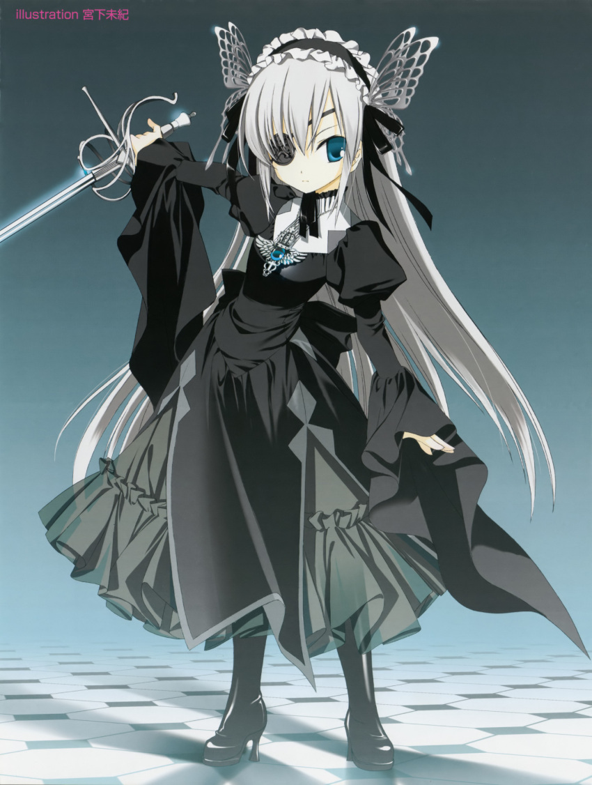 1girl black_dress blue_eyes boots butterfly checkered checkered_floor copyright_request dress eyepatch gothic_lolita grey_hair grey_hair hairband high_heels highres jewelry lolita_fashion long_hair miyashita_miki pendant rapier ribbon shoes silver_hair simple_background solo standing sword tile_floor very_long_hair weapon white_hair wings