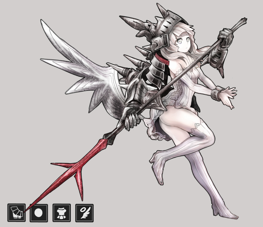 armor bad_id boots bound_wrists cuffs detached_sleeves dress gauntlets grey_eyes helmet lance leg_up manacles original pale_skin polearm simple_background strapless_dress thigh-highs thigh_boots thighhighs weapon white_hair