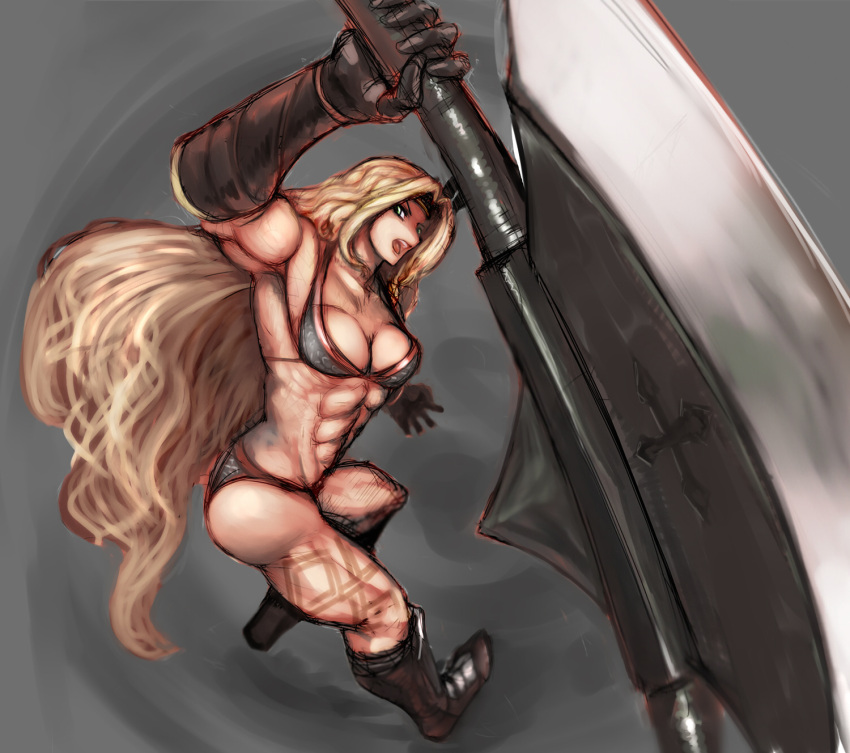 abs amazon_(dragon's_crown) amazon_(dragon's_crown) armor armpits arugeri ass axe bikini_armor blonde_hair blurry boots breasts cleavage depth_of_field dragon's_crown dragon's_crown foreshortening gloves highres long_hair muscle open_mouth sketch solo tattoo very_long_hair weapon