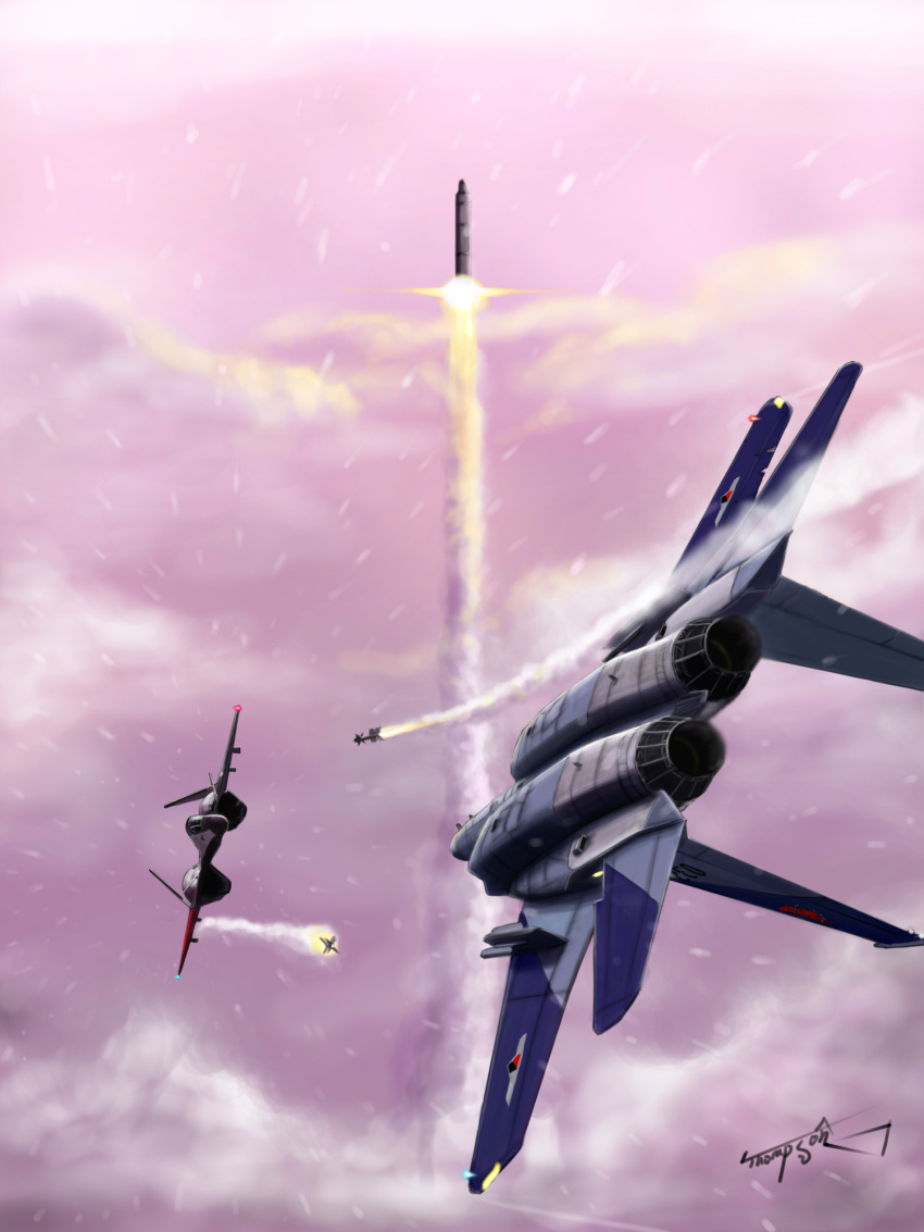 ace_combat_zero adfx-02_morgan aerial_battle airplane battle cipher_(ace_combat) cipher_(ace_combat_zero) cloud clouds cloudy_sky condensation_trail contrail dogfight f-15 fighter_jet firing highres jet larry_foulke liftoff missile nuke rocket signature smoke snowing spoilers thompson