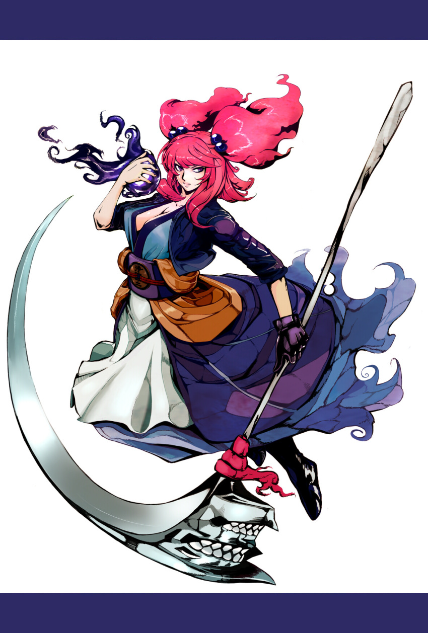 adapted_costume alternate_weapon boots breasts cleavage dress gloves hair_bobbles hair_ornament highres hitodama jacket kosuke_(gonzo_2010) large_breasts letterboxed lips long_hair no_bra onozuka_komachi pink_hair purple_eyes scythe shiny shiny_hair simple_background single_glove solo touhou twintails violet_eyes weapon