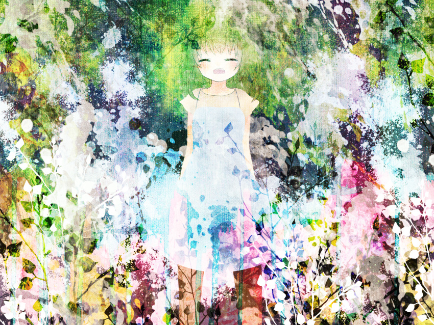 closed_eyes green_hair gumi hinanosuke open_mouth plants smile vocaloid white_dress young