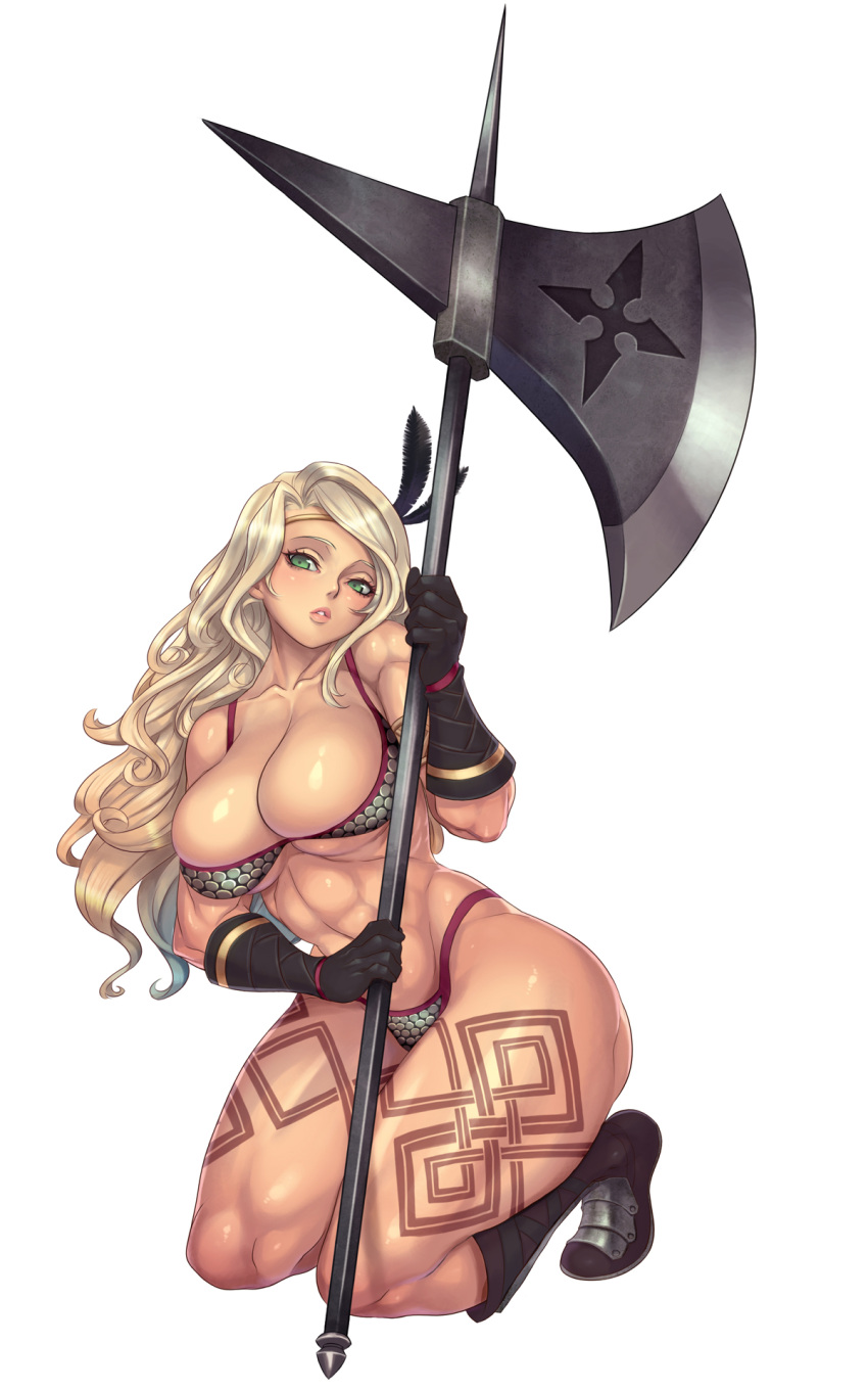 abs amazon_(dragon's_crown) amazon_(dragon's_crown) armband armlet armor axe bikini bikini_armor blonde_hair boots breasts circlet dragon's_crown dragon's_crown feathers gloves green_eyes headband highres large_breasts long_hair muscle panties sethxzoe solo swimsuit tattoo thick_thighs thighs thong underwear vanillaware weapon wide_hips