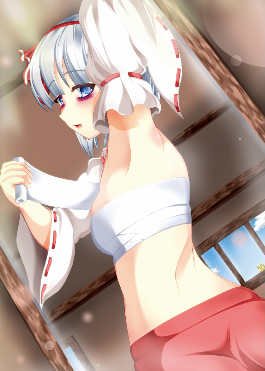 armpits blue_eyes bow cellphone commentary_request cosplay detached_sleeves dutch_angle hair_bow hakurei_reimu hakurei_reimu_(cosplay) highres himekaidou_hatate konpaku_youmu lilybell midriff miko phone sarashi silver_hair solo touhou when_you_see_it