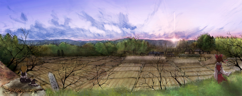 arms_behind_back blonde_hair bow brown_hair cloud clouds detached_sleeves faux_traditional_media field grass hair_bow hair_tubes hakurei_reimu hat hat_removed headwear_removed highres kenshin kirisame_marisa landscape miko multiple_girls nature rock scenery shide shimenawa sky sotoba speed_painting sun sunset touhou tree village witch witch_hat