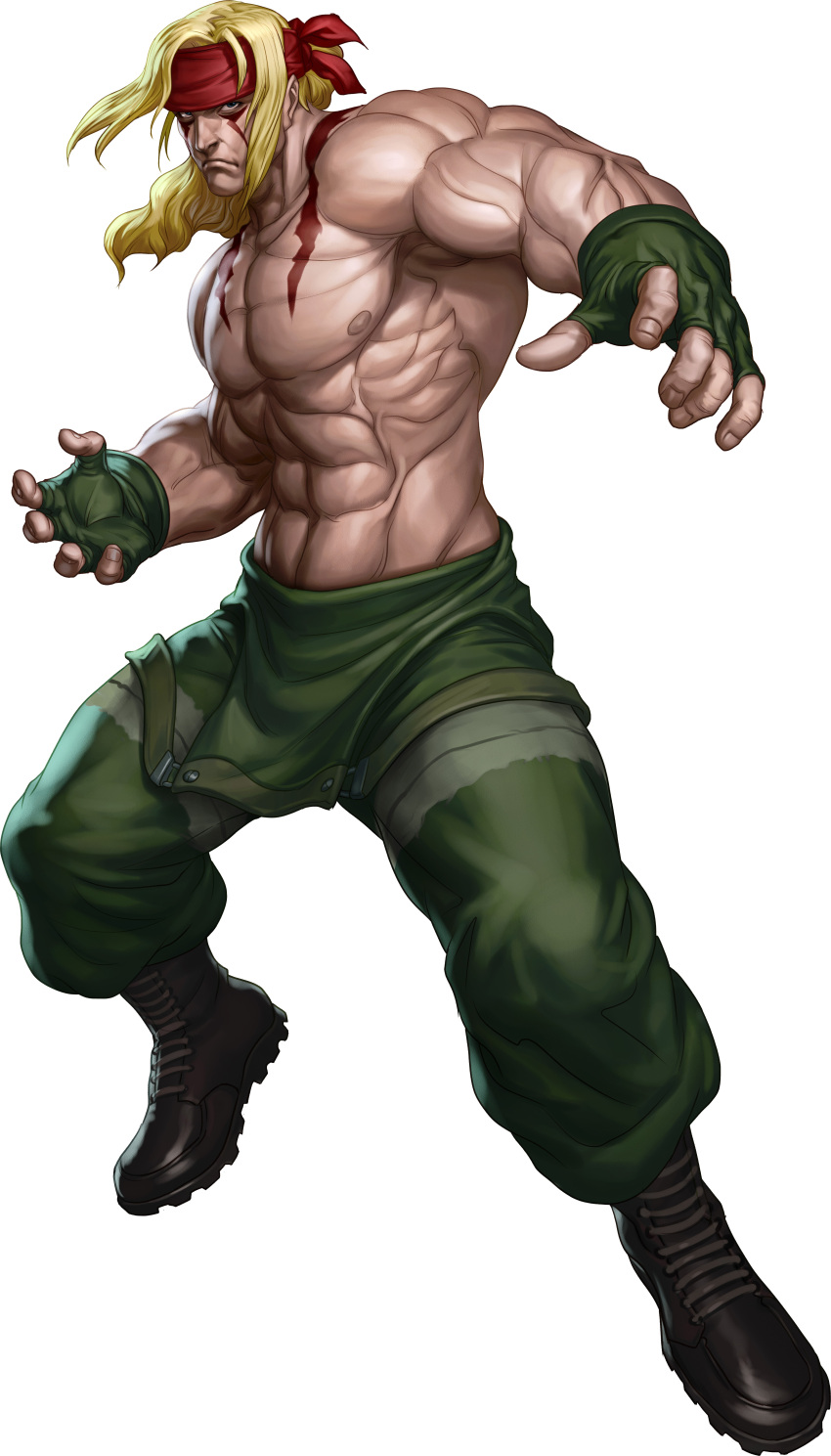 absurdres alex blonde_hair blue_eyes boots capcom fingerless_gloves gloves headband highres muscle official_art scar simple_background solo stanley_lau street_fighter street_fighter_iii street_fighter_iii:_3rd_strike topless