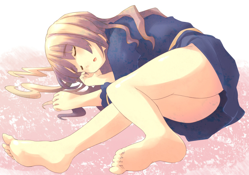 barefoot blonde_hair feet foreshortening kachigawa legs long_hair lying nightgown no_panties on_side open_mouth perrine_h_clostermann pov_feet sleeping soles solo strike_witches toes